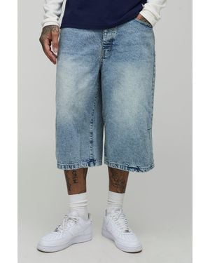 BoohooMAN Tall Stonewash Longline Denim Jorts - Blue