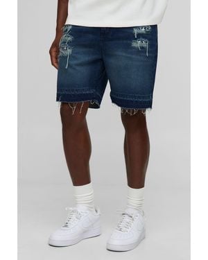 BoohooMAN Slim Rigid Bandana Rip And Repair Denim Shorts - Blue
