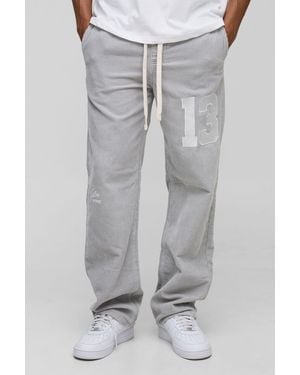 BoohooMAN Elasticated Waist Relaxed Acid Wash Corduroy Varsity Pants - Gray