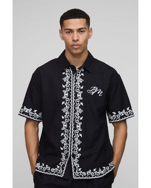 BoohooMAN Oversized Border Print Linen Blend Shirt - Black