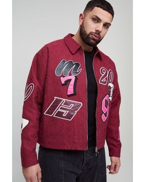 BoohooMAN Plus Boxy Oversized Lace All Over Applique Harrington Jacket - Red