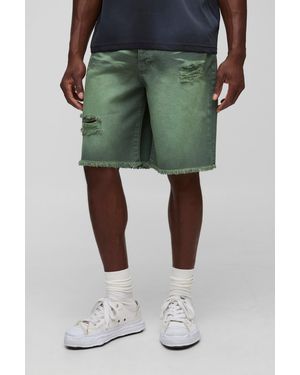 Boohoo Relaxed Fit Ripped Tinted Denim Shorts - Green