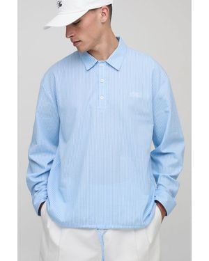BoohooMAN Oversized Long Sleeve Stripe Embroidered Bungee Rugby Shirt - Blue