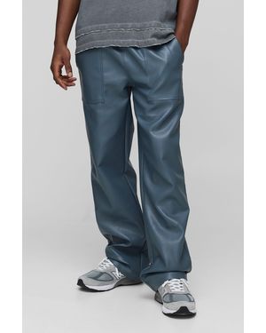 BoohooMAN Elasticated Waist Pu Relaxed Carpenter Pants - Blue