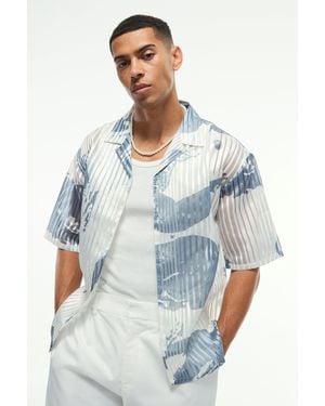 BoohooMAN Oversized Mesh Pleated Printed Revere Boxy Shirt - Blue