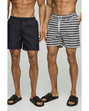 BoohooMAN 2 Pack Flannelerboard And Plain Mid Length Swim Trunks - Black