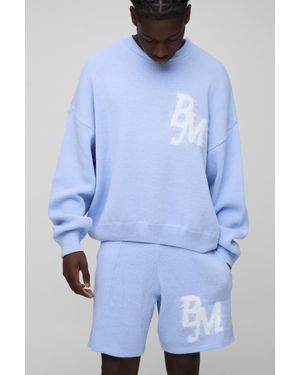 BoohooMAN Boxy Fit Fluffy Bm Knitted Sweater And Shorts Set - Blue