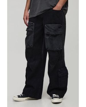 BoohooMAN Baggy Fit Washed Multi Cargo Jeans - Black