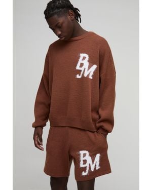 BoohooMAN Boxy Fit Fluffy Bm Knitted Sweater And Shorts Set - Brown