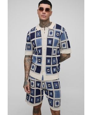 BoohooMAN Tall Regular Fit Crochet Shirt & Relaxed Short Set - Blue