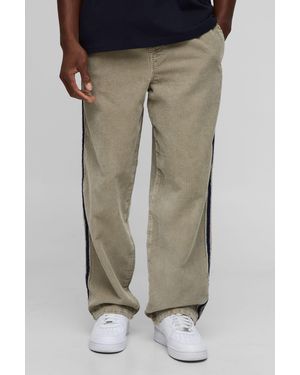 BoohooMAN Elasticated Waist Relaxed Acid Wash Corduroy Tape Detail Pants - Natural