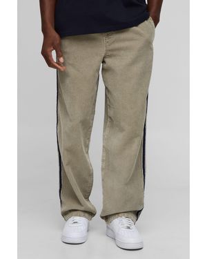 BoohooMAN Elasticated Waist Relaxed Acid Wash Corduroy Tape Detail Pants - Natural