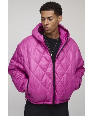 BoohooMAN Oversized Boxy High Sheen Diamond Quilted Hooded Funnel Puffer Jacket - Pink