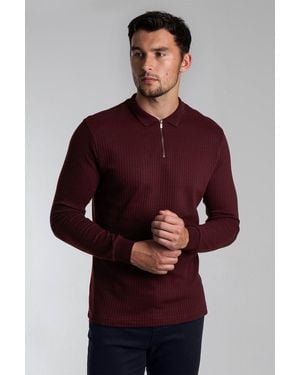 BoohooMAN Steel & Jelly Burgundy Ribbed Jersey Long Sleeve Polo - Red