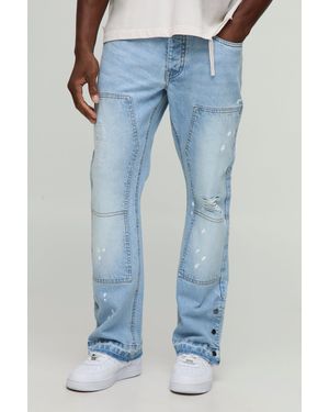 BoohooMAN Slim Flared Ripped Carpenter Split Hem Jeans - Blue