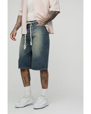 BoohooMAN Tall Relaxed Fit Chunky Rope Belted Stone Wash Jorts - Blue