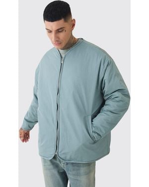BoohooMAN Tall Oversized Collarless Padded Bomber Jacket - Blue