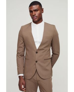 BoohooMAN Skinny Fit Collarless Single Breasted Blazer - Brown