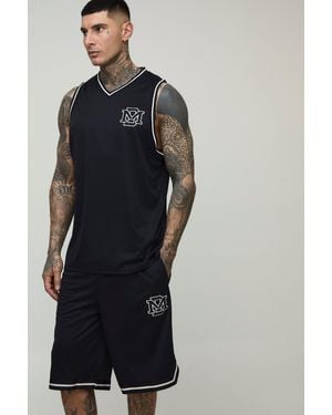 BoohooMAN Tall Bm Embroidered Airtex Tank & Basketball Fit Short Set - Blue