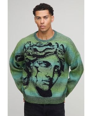 BoohooMAN Oversized Boxy Fit Ombre Stripe Renaissance Graphic Knitted Jumper - Grün