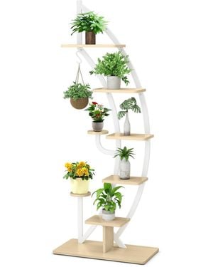 BoohooMAN Costway 8-tier Tall Wooden Plant Stand Rack Curved Half Moon Shape Ladder Planter Shelf W/ Top Hook - White