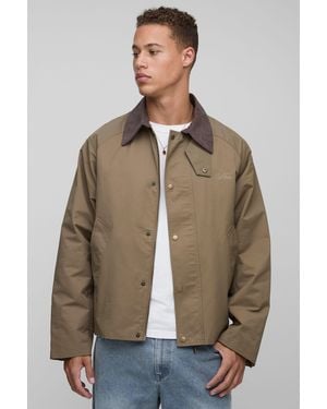 BoohooMAN Tall Oversized Cord Collar Embroidered Worker Jacket - Brown