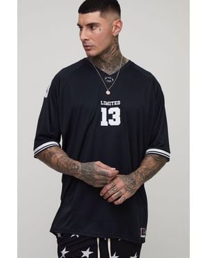 BoohooMAN Tall Oversized Limited Applique Airtex Baseball Shirt - Blue