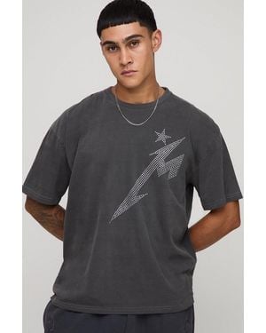 BoohooMAN Washed Charcoal Oversized Rhinestone Lightening T-Shirt - Grau