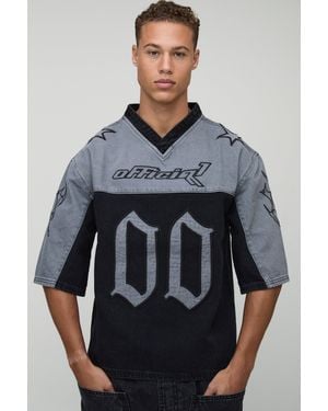 BoohooMAN Tall Oversized Embroidery Football Denim T-shirt - Grey