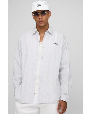 BoohooMAN Sfera Super Oversized Stripe Embroidered Long Sleeve Sleeve Shirt - White