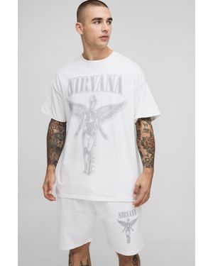 Boohoo Oversized Nirvana License T-Shirt & Short Set - White