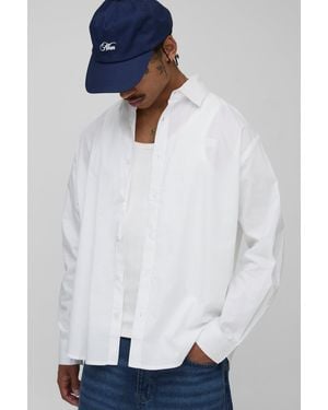 BoohooMAN Oversized Branded Embroidered Long Sleeve Shirt - White