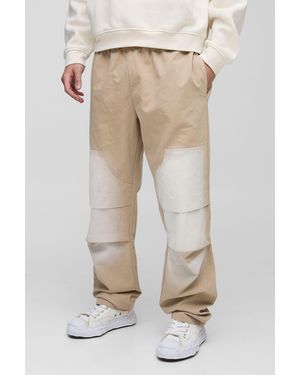 BoohooMAN Elasticated Waist Straight Stacked Spray Wash Twill Carpenter Pants - Natural