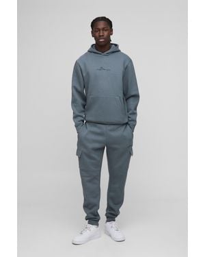 BoohooMAN 330gsm BM Signature Cargo-Trainingsanzug mit Kapuze - Blau