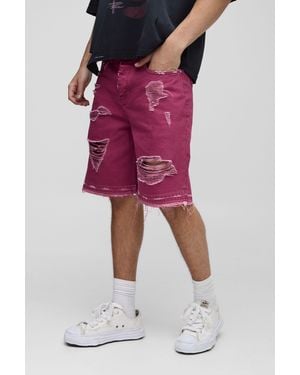 BoohooMAN Relaxed Fit Ripped Overdye Jean Shorts - Red