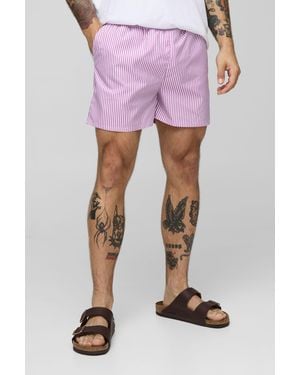 BoohooMAN Small Stripe Print Short Length Swim Trunks - Pink