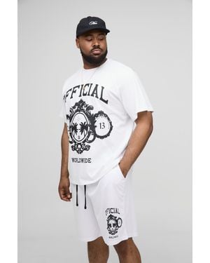 BoohooMAN Plus Official Varsity Regular Fit Print T-Shirt & Basketball Airtex Short Set - White