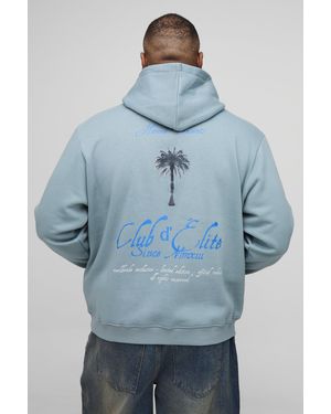 BoohooMAN Plus Regular Fit Palm Print Garment Washed Hoodie - Blue