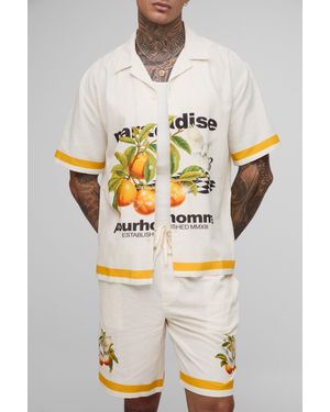 BoohooMAN Tall Oversized Paradise Linen Blend Shirt & Short Set - Natural