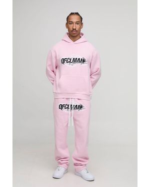 BoohooMAN Oversized Boxy Ofclman Graphic Washed Hoodie & Relaxed Jogger Tracksuit - Pink
