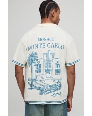 BoohooMAN Boxy Scenic Jacquard Knitted Shirt - Blue