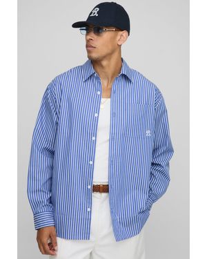 BoohooMAN Super Oversized Embroidered Striped Collared Shirt - Blue