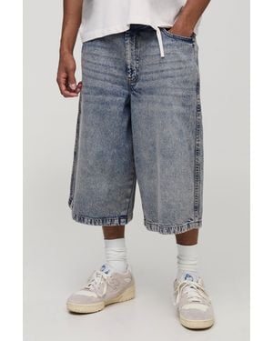 BoohooMAN Longline Tinted Nibbled Pocket Denim Jorts - Blue