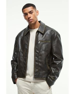 BoohooMAN Slim Fit Washed Pu Harrington In Khaki - Black