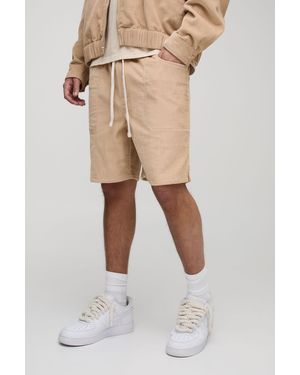 BoohooMAN Elasticated Waist Relaxed Corduroy Shorts - Natural
