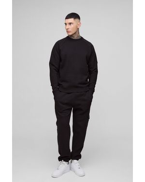 BoohooMAN Tall Twill Utility Pocket Woven Tab Jersey Tracksuit - Black