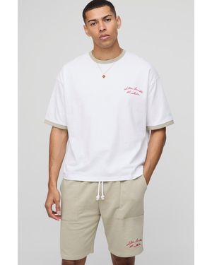 Boohoo Conjunto Oversize De Pantalón Corto Y Camiseta Con Ribetes En Los Filos - Blanco