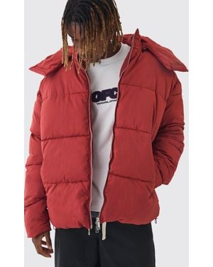 BoohooMAN Tall Oversized Funnel Neck Hooded Puffer Jacket - Red