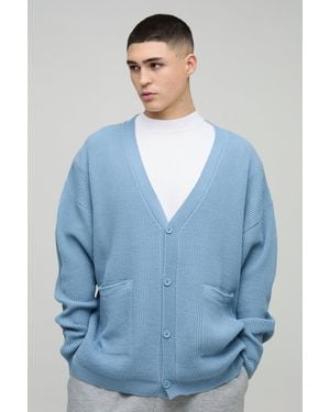 BoohooMAN Oversized Dropped Shoulder Ribbed Knitted Cardigan - Blue