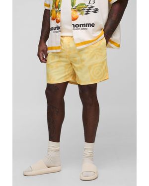 BoohooMAN Plus Tonal Printed Mid Length Swim Trunks - Yellow